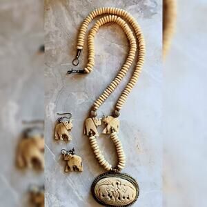Vintage Tribal Carved Bovine Bone & Brass Elephant Pendant Necklace Earring Set